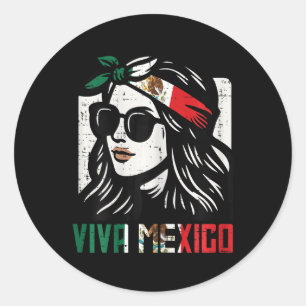 Pegatina Redonda Mujer viva la bandera de México Cinco De Mayo Mexi