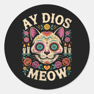 Pegatina Redonda Mujeres Ay Dios Meow divertido azúcar cráneo gato