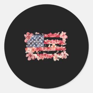 Pegatina Redonda Mujeres Bandera Americana Flor Silvestre Retro 4 D