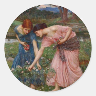 Pegatina Redonda Mujeres de Jardín Romántico Vintage Pre-Rafaelita