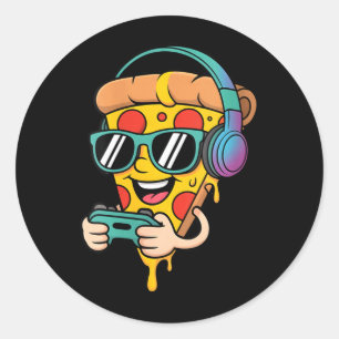 Pegatina Redonda Mujeres divertidas jugadoras pizza comida videojue
