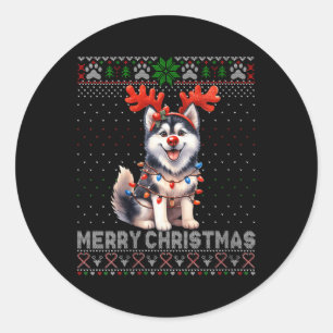 Pegatina Redonda Mujeres Feliz Navidad Alaska Malamute Perro amante