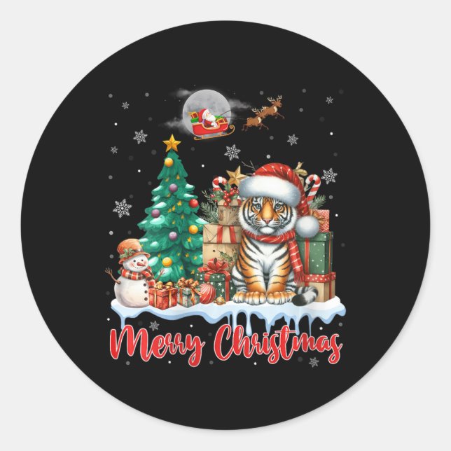Pegatina Redonda Mujeres Feliz Navidad tigre de Sombrero Sombrero (Anverso)