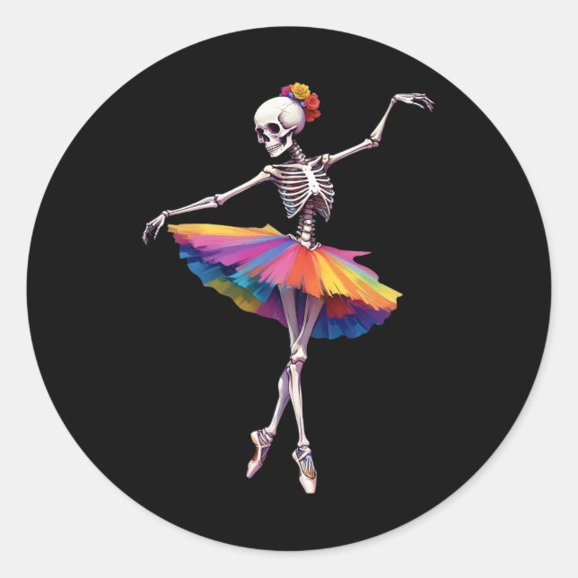 Pegatina Redonda Mujeres Halloween Dancing Skeleton Rainbow Balleri (Anverso)