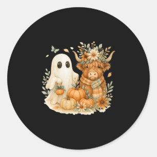 Pegatina Redonda Mujeres Highland Cow & Fantasma Calabaza Parch