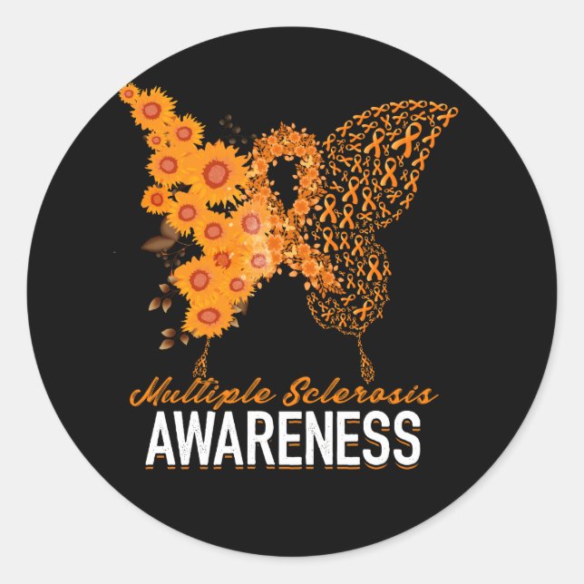 Pegatina Redonda Mujeres Mariposa Esclerosis Múltiple MS Conciencia (Anverso)