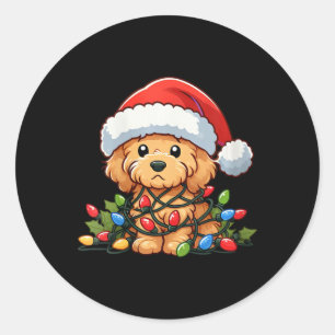 Pegatina Redonda Mujeres Navidades de Goldendoodle iluminan a perro