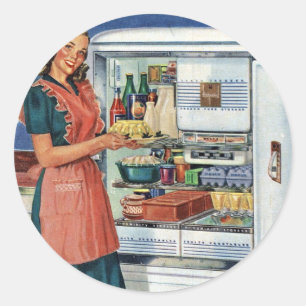 Pegatina Redonda Mujeres retro vintage Cocina con refrigerador comp