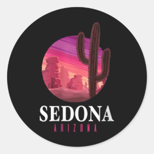 Pegatina Redonda Mujeres Sedona Arizona Cactus Atardecer Desierto S