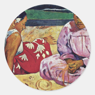 Pegatina Redonda Mujeres Tahitianas En La Playa Por Paul Gauguin