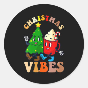 Pegatina Redonda Mujeres Vibraciones Navideñas Retro Groovy Árbol d