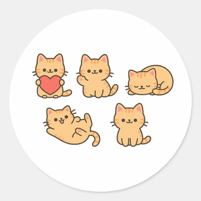 Pegatina Redonda Multi-Cat Sticker – 5 Cute Kawaii Cats (Round) (Anverso)
