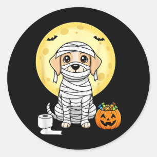 Pegatina Redonda Mummy Perrito Lindo Halloween Luna Llena Cachorro