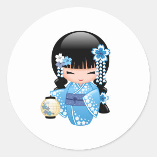 Pegatina Redonda Muñeca de Kokeshi del invierno - chica de geisha