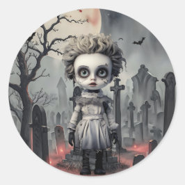 Pegatina Redonda Muñeca fantasma de Halloween en cementerio