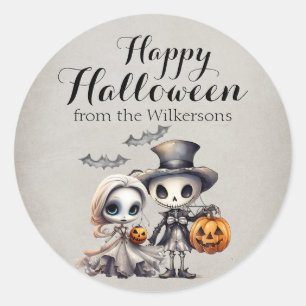 Pegatina Redonda Muñeca fantasma espeluznante y Halloween de esquel