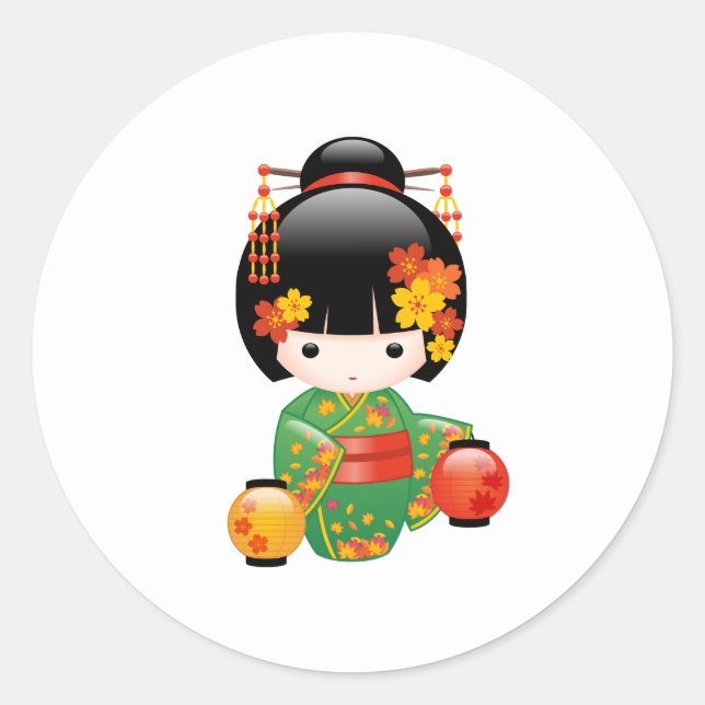 Pegatina Redonda Muñeca Kokeshi Caída - Chica de Kimono Verde Geish (Anverso)
