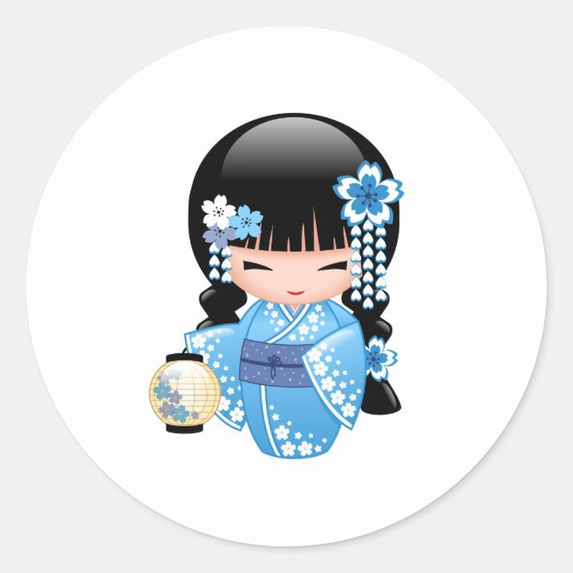 Pegatina Redonda Muñeca Kokeshi de Invierno - Chica Geisha Japonés (Anverso)