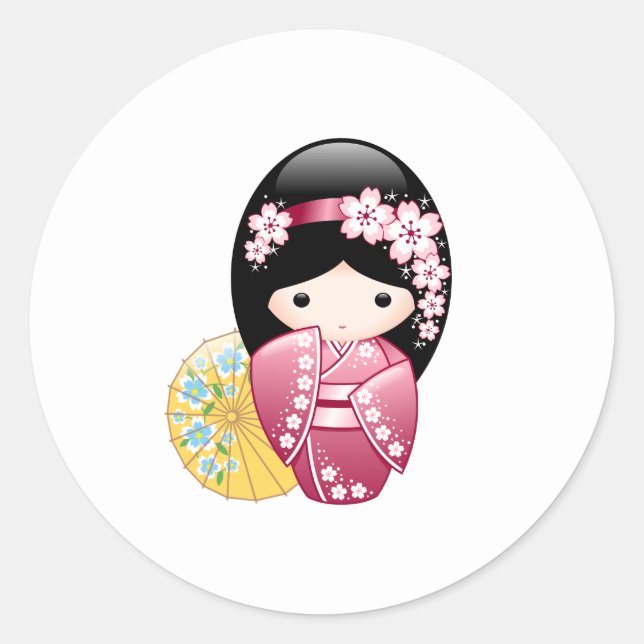 Pegatina Redonda Muñeca Kokeshi de primavera - Chica Geisha japonés (Anverso)
