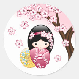Pegatina Redonda Muñeca Kokeshi de primavera - Chica Geisha japonés