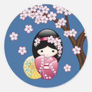Pegatina Redonda Muñeca Kokeshi de primavera - Geisha japonesa en 