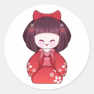 Pegatina Redonda Muñeca Kokeshi Japonesa Adorable Sticker Kimono Sa