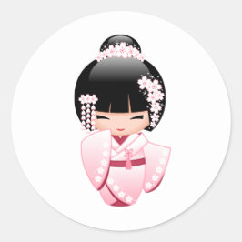 Pegatina Redonda Muñeca Kokeshi Kimono Rosa Kawaii