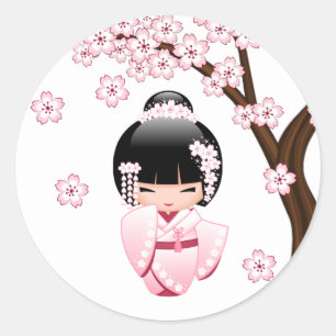 Pegatina Redonda Muñeca Kokeshi Kimono Rosa Kawaii