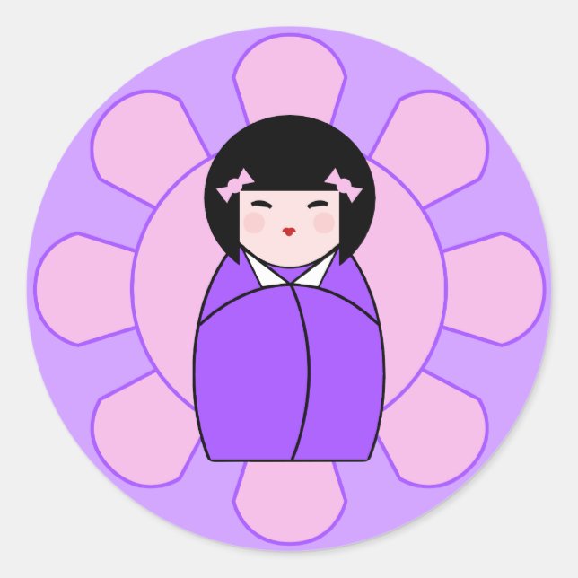 Pegatina Redonda Muñeca morada Kokeshi (Anverso)