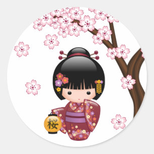 Pegatina Redonda Muñeca Sakura Kokeshi - Chica Geisha japonés