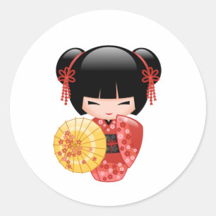Pegatina Redonda Muñeca Sakura Kokeshi roja - Geisha japonesa banal