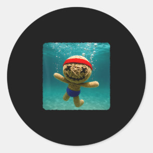Pegatina Redonda Muñeca Vudú Buceando Bajo El Agua Océano Buzo Nada