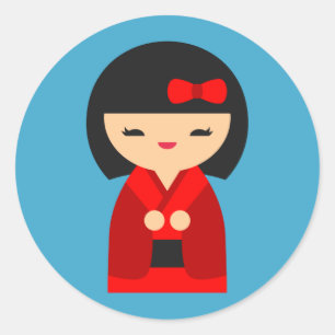 Pegatina Redonda Muñecas japonesas rojas kokeshi