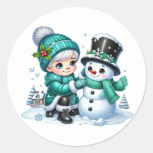 Pegatina Redonda Muñeco de nieve