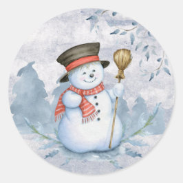 Pegatina Redonda Muñeco de nieve acuarela Navidad invierno moderno