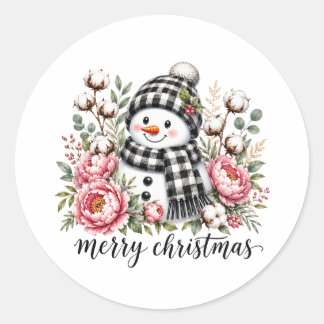 Pegatina Redonda Muñeco de nieve adorable Feliz Navidad