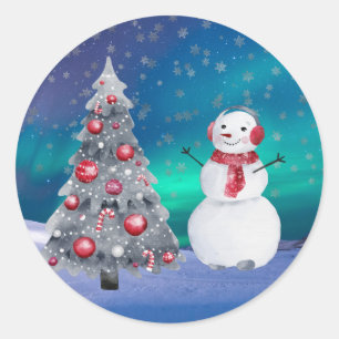 Pegatina Redonda Muñeco de nieve Árbol Rojo Aurora Acuarela Navidad