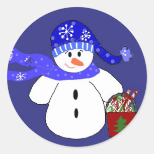Pegatina Redonda Muñeco de nieve azul