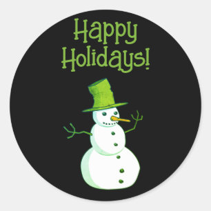 Pegatina Redonda Muñeco de nieve con sombrero verde de Navidad
