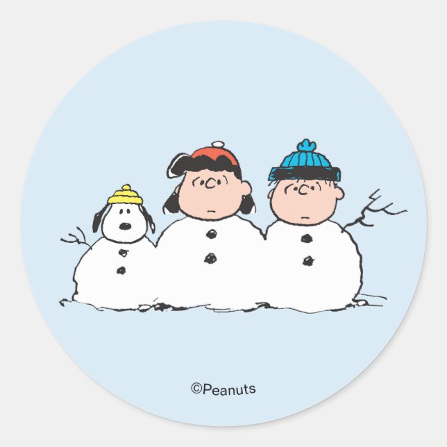 Pegatina Redonda Muñeco de nieve de 3 personas de Peanuts (Anverso)