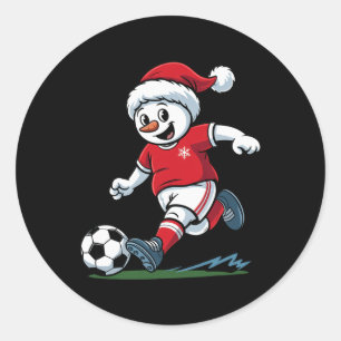Pegatina Redonda Muñeco de Nieve de Navidad Jugando Fútbol Jugador