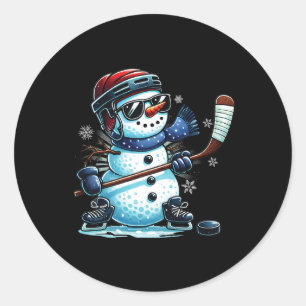 Pegatina Redonda Muñeco de nieve divertido jugando hockey sobre hie