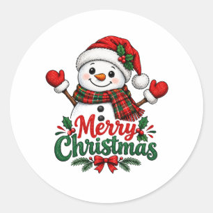 Pegatina Redonda Muñeco de nieve Feliz Navidad