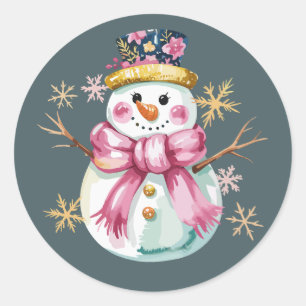 Pegatina Redonda Muñeco de Nieve Femenino Fiesta de Invierno Navida