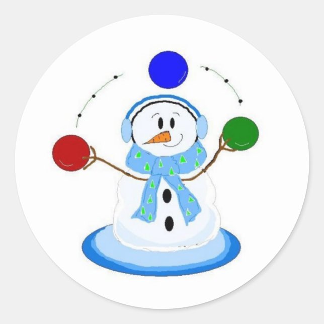 Pegatina Redonda Muñeco de nieve lanzando bolas (Anverso)