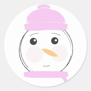 Pegatina Redonda Muñeco de nieve lindo fiesta de Navidad rosa