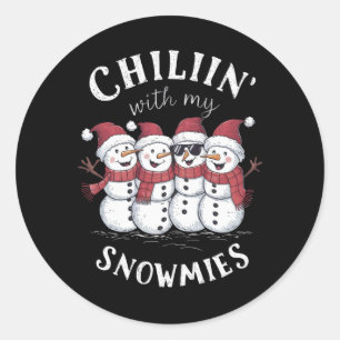Pegatina Redonda Muñeco de nieve Navidad Relajándome Con Mis Amigos