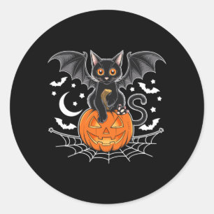 Pegatina Redonda Murciélago Halloween _ Gato Negro Alas de Murciéla