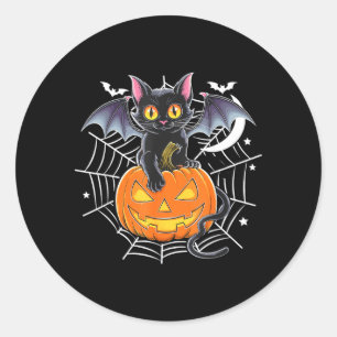 Pegatina Redonda Murciélago Halloween _ Gato Negro Alas de Murciéla