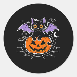 Pegatina Redonda Murciélago Halloween _ Gato Negro Alas de Murciéla